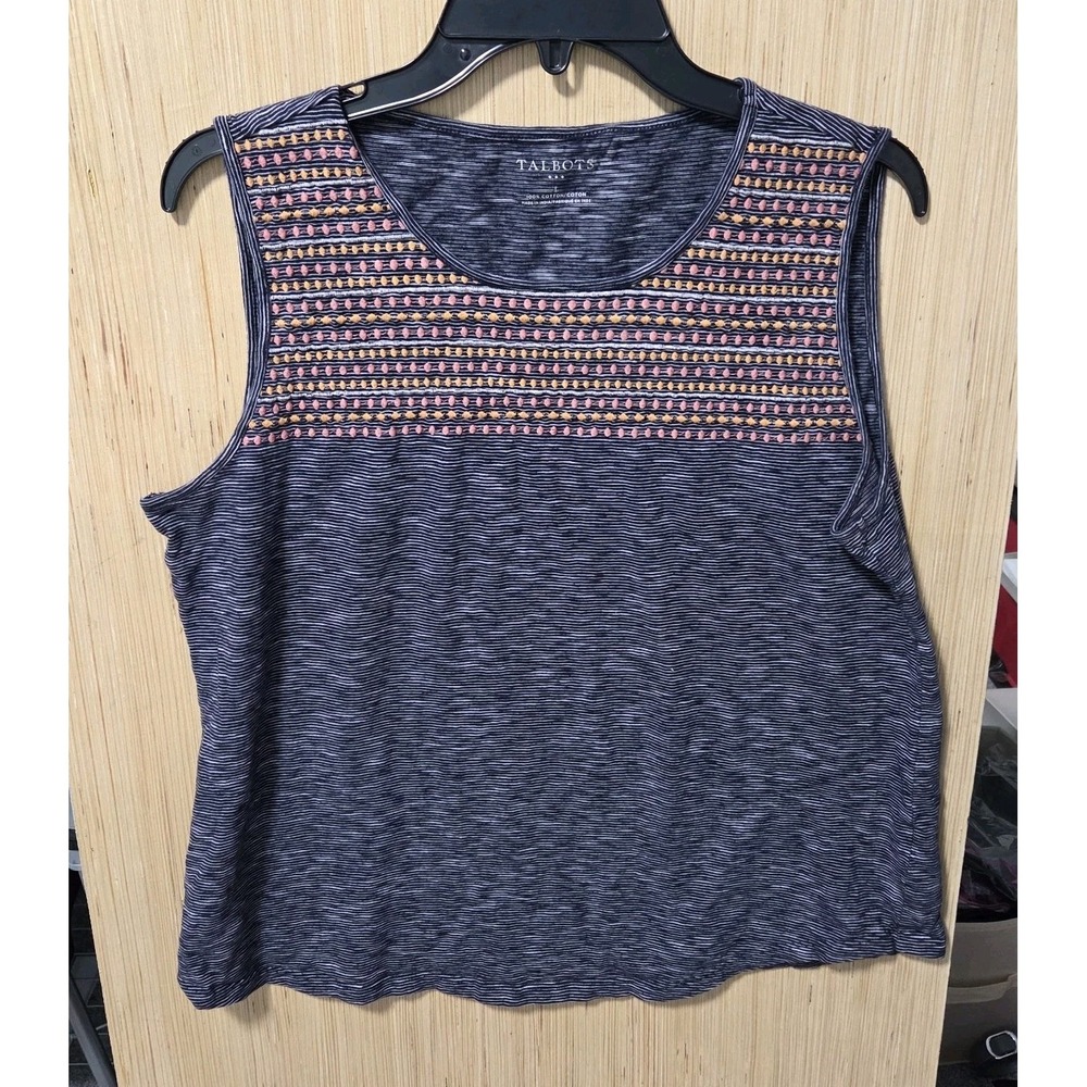 Talbots Sz L Womens Navy Blue Orange Embroidered Sleeveless Tank Shell Top